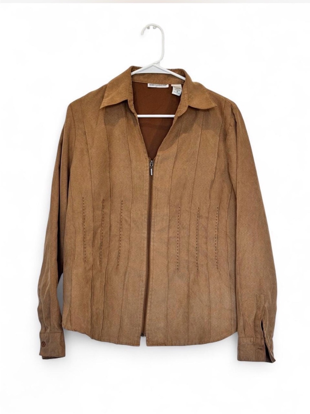 Rebecca Malone Tan Faux Suede Pintuck Zipper Jacket-M- Western Boho Fall